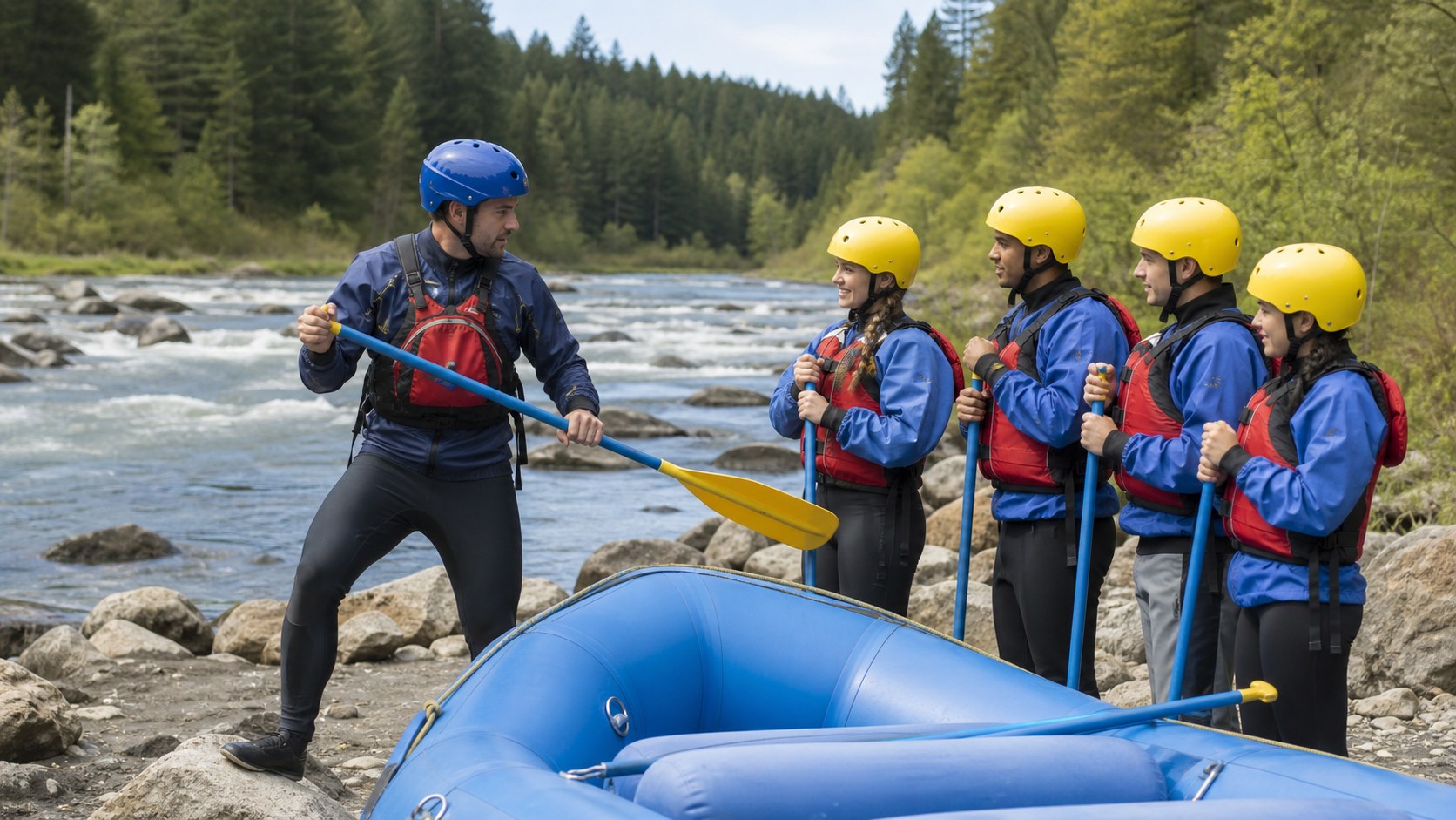Rafting guide teaching paddle technique to beginners beside a calm river