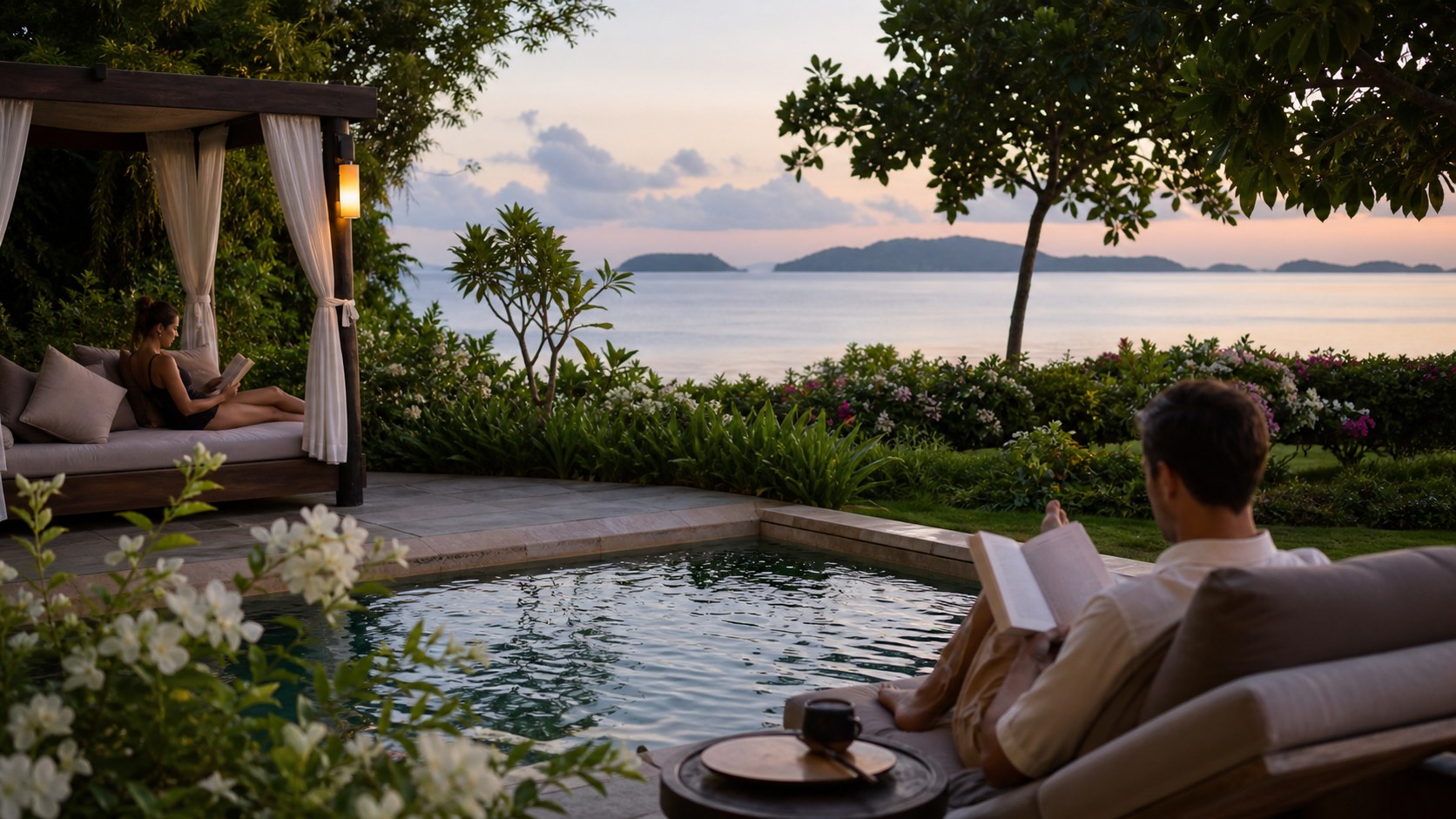 Adults reading quietly beside a private plunge pool with a calm sea view