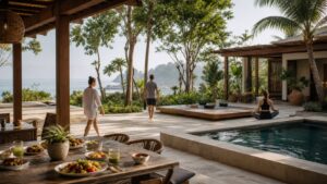 All-inclusive coastal wellness resort courtyard with yoga deck, healthy breakfast table, pool, and sea view