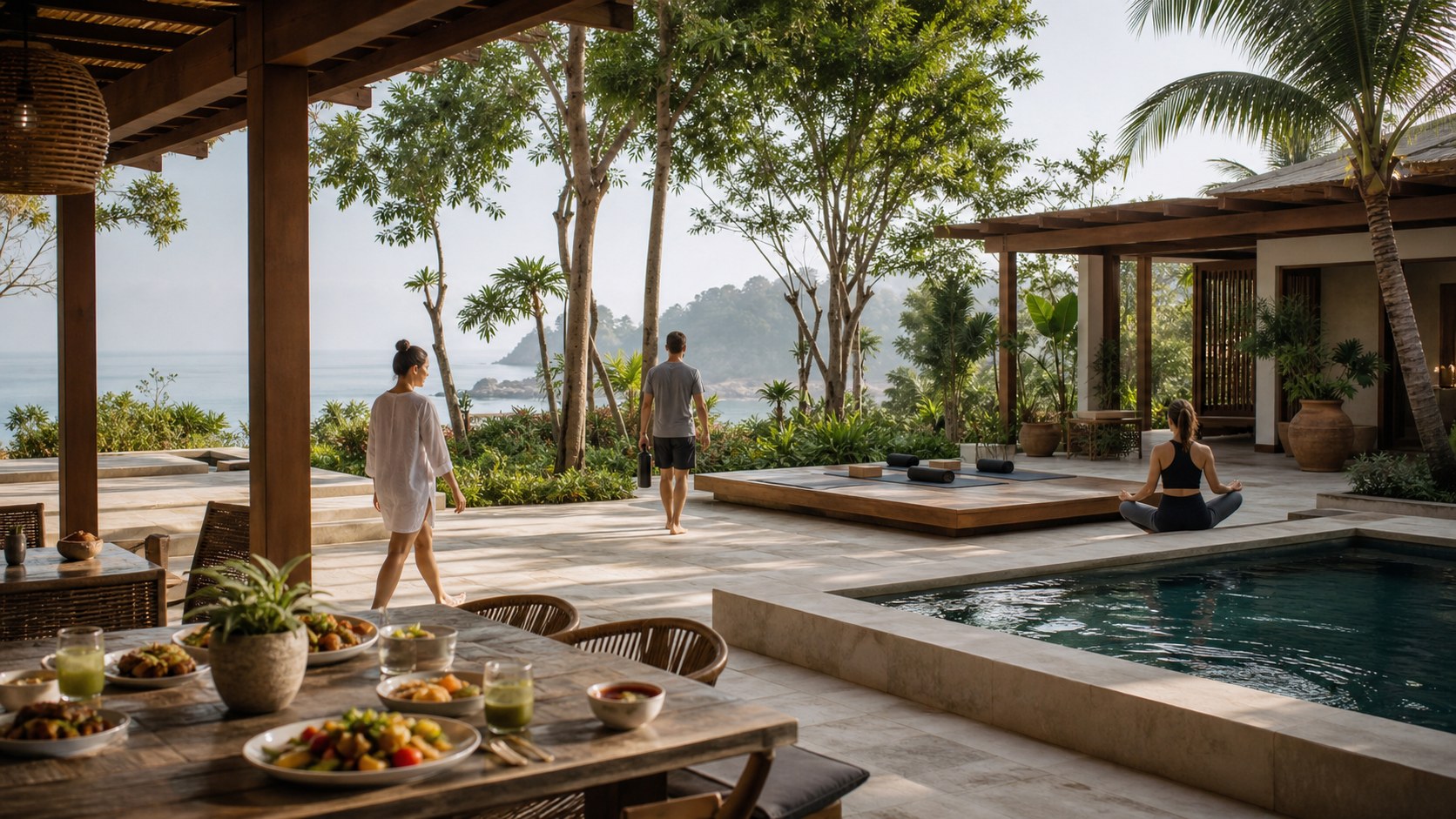 All-inclusive coastal wellness resort courtyard with yoga deck, healthy breakfast table, pool, and sea view