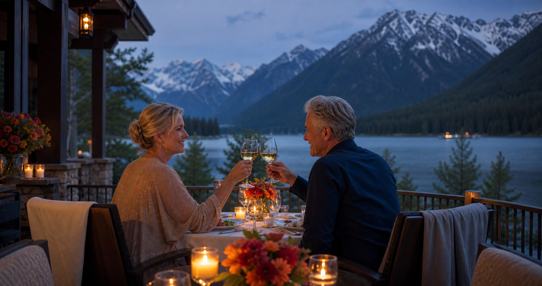 Couple celebrating an anniversary dinner on a mountain lake lodge terrace