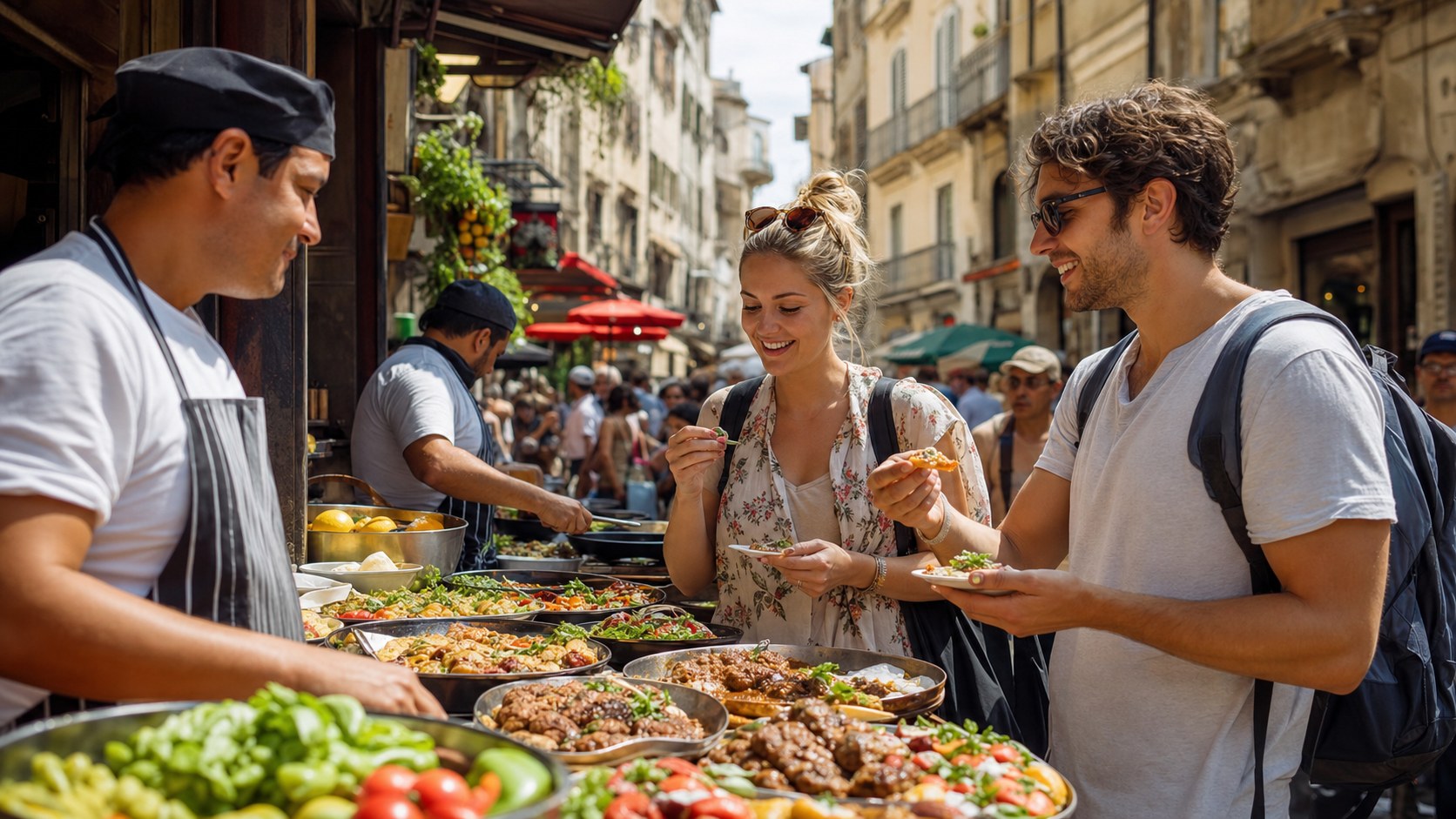 Travelers tasting local dishes at a lively open-air market in an old city street