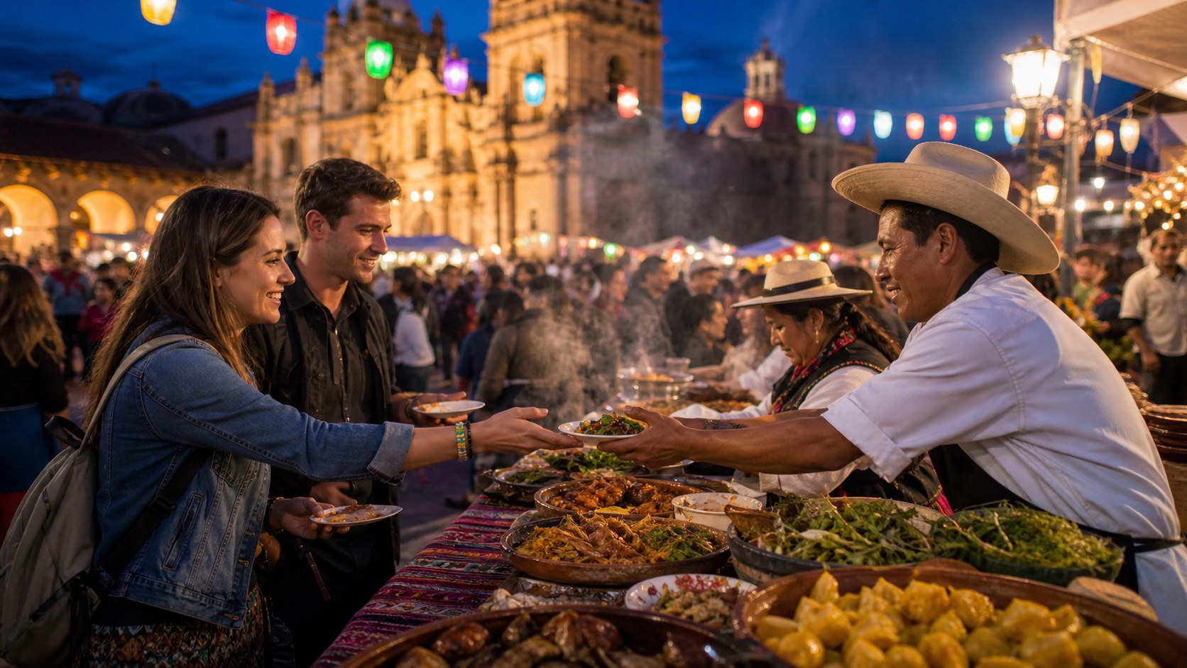 Travelers receiving small plates from vendors at a lively evening food festival in a historic plaza
