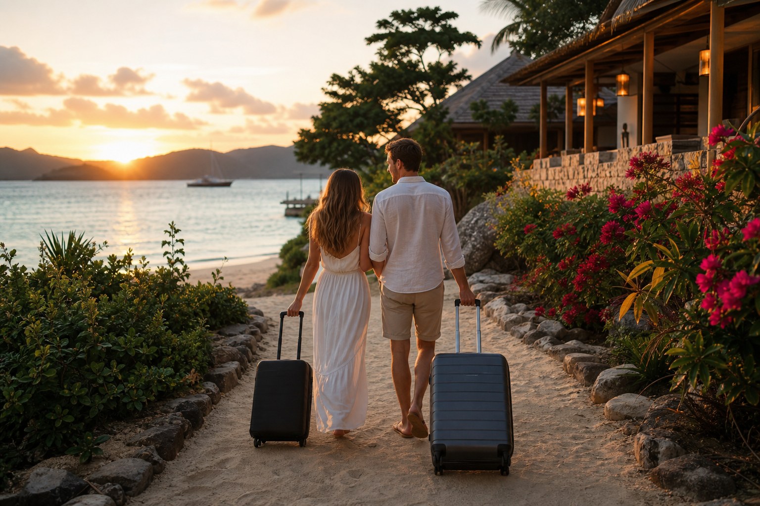Newlywed couple walking with luggage toward a beachside honeymoon stay at sunset