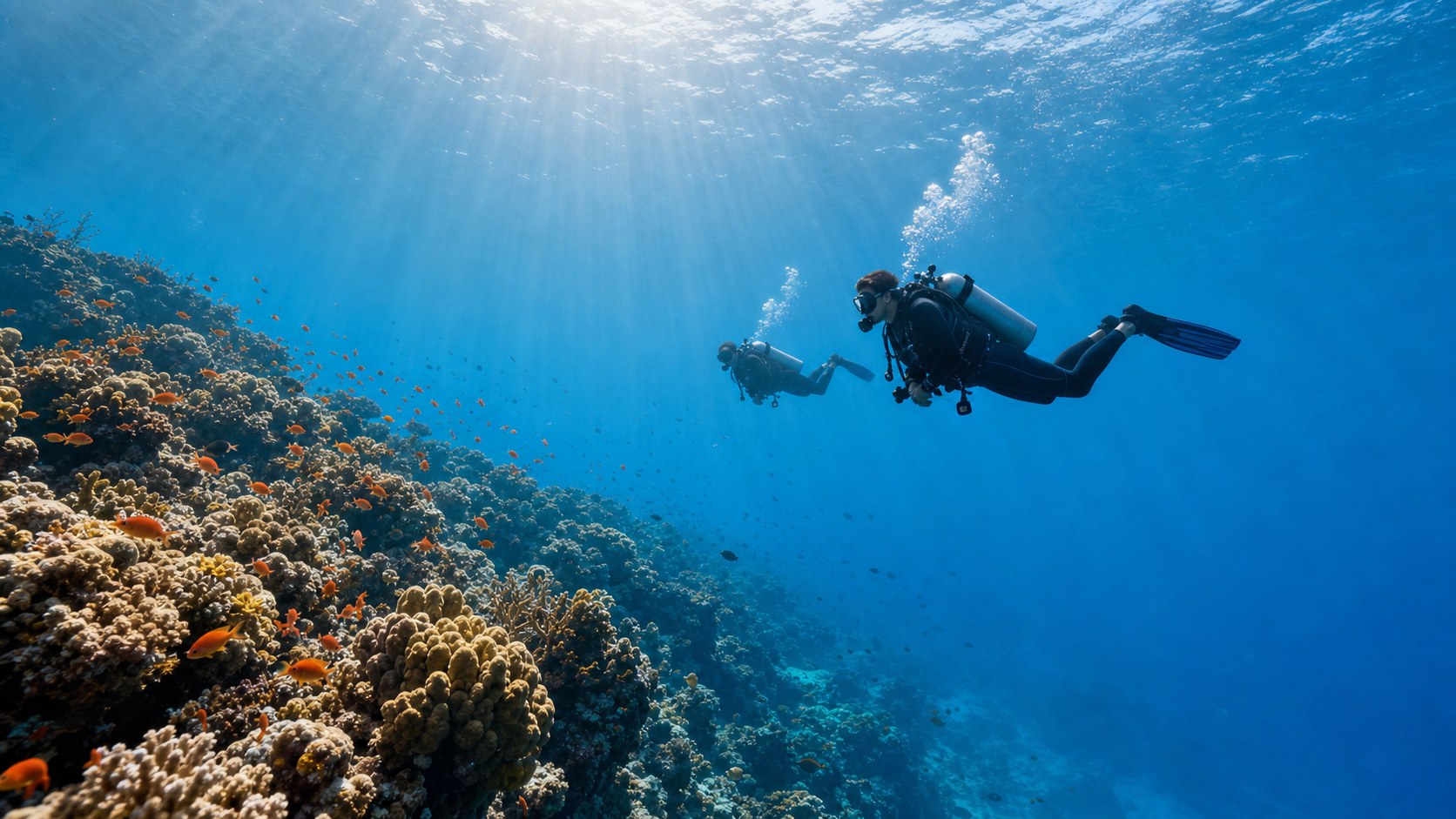 Scuba divers hovering above a coral reef in clear blue tropical water