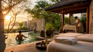Luxury outdoor spa terrace with treatment tables and a calm mineral pool at sunset