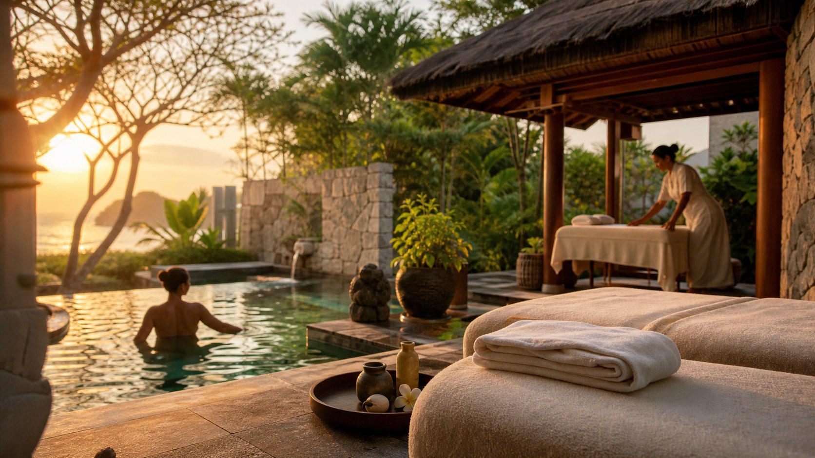 Luxury outdoor spa terrace with treatment tables and a calm mineral pool at sunset