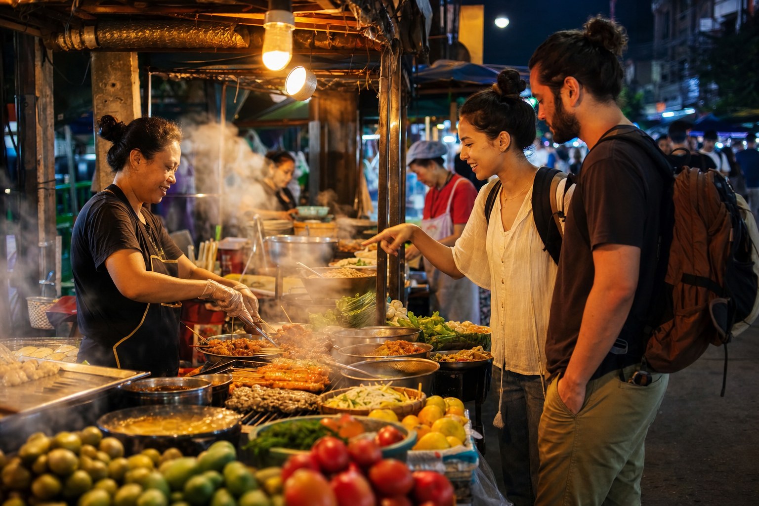 Travelers ordering hot street food from a night market vendor under warm city lights