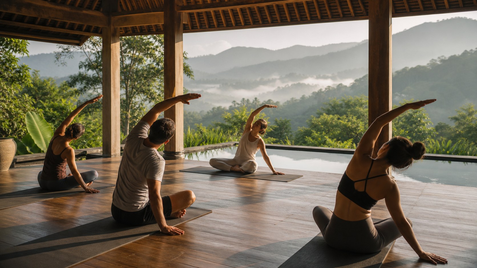 Small group stretching in an open-air wellness pavilion above misty green hills