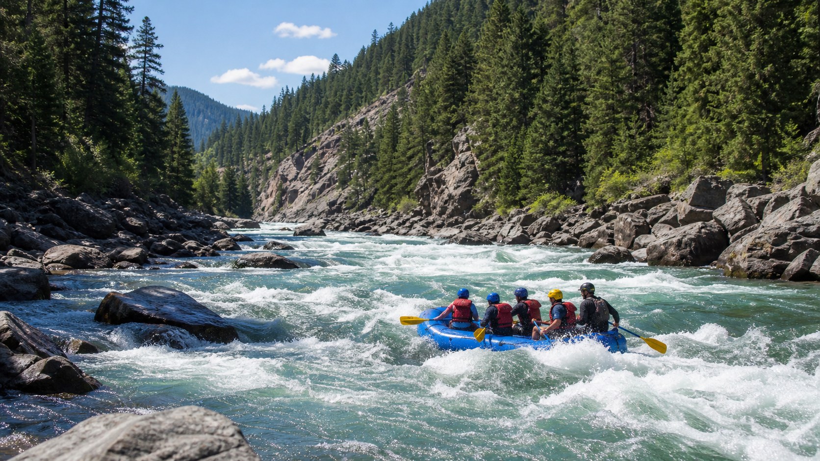 Rafting group paddling through whitewater in a forested mountain canyon