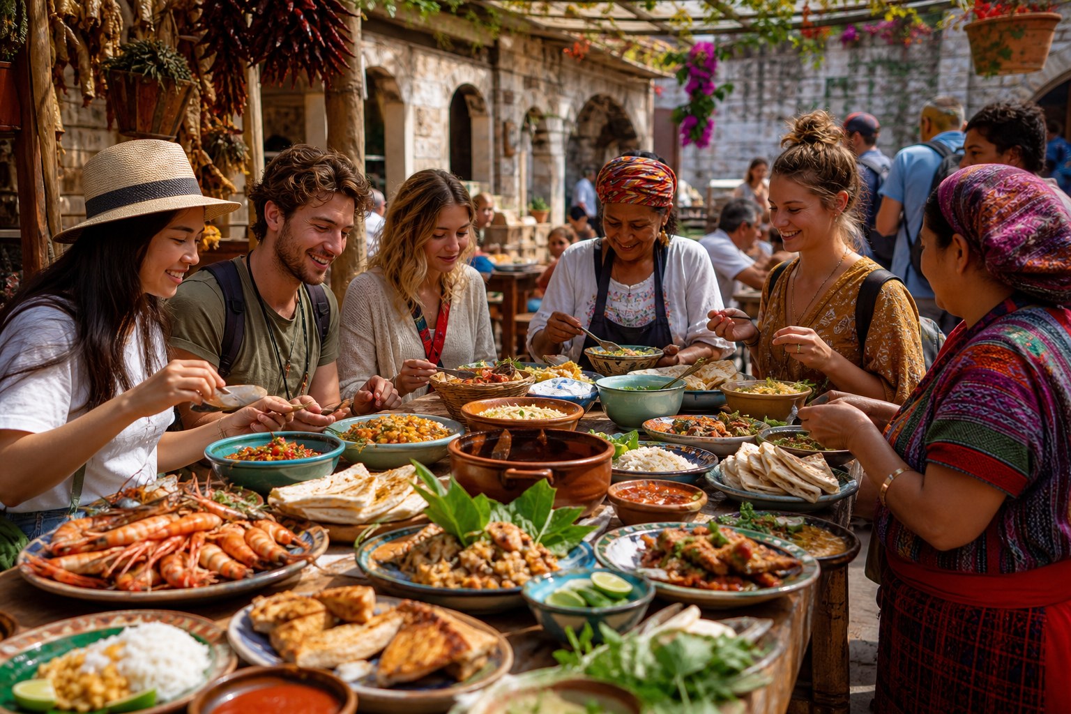 Travelers sharing a table of regional dishes in a sunny open-air courtyard market
