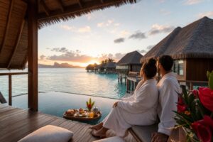 Couple in robes relaxing on a private overwater villa deck at sunrise