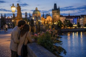 Couple leaning together on a historic city bridge at blue hour with river reflections