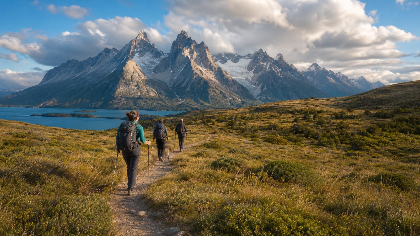 Hikers following a trail toward jagged mountains and a blue glacial lake