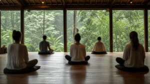 Adults seated quietly in meditation inside an open hall facing a green forest