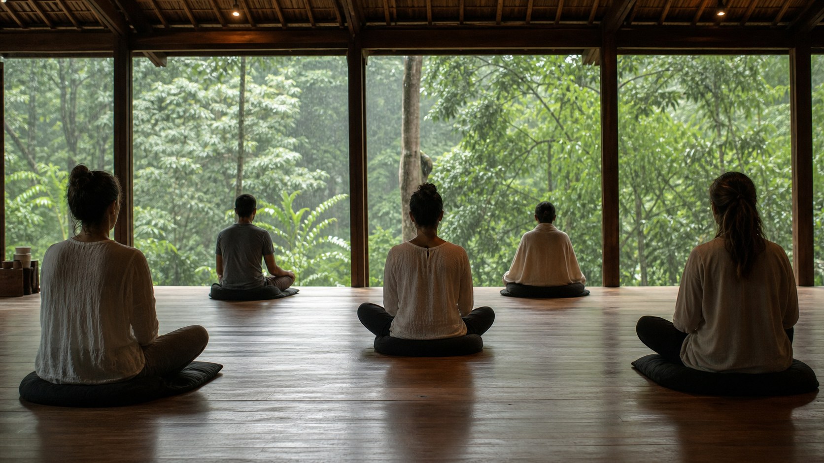 Adults seated quietly in meditation inside an open hall facing a green forest