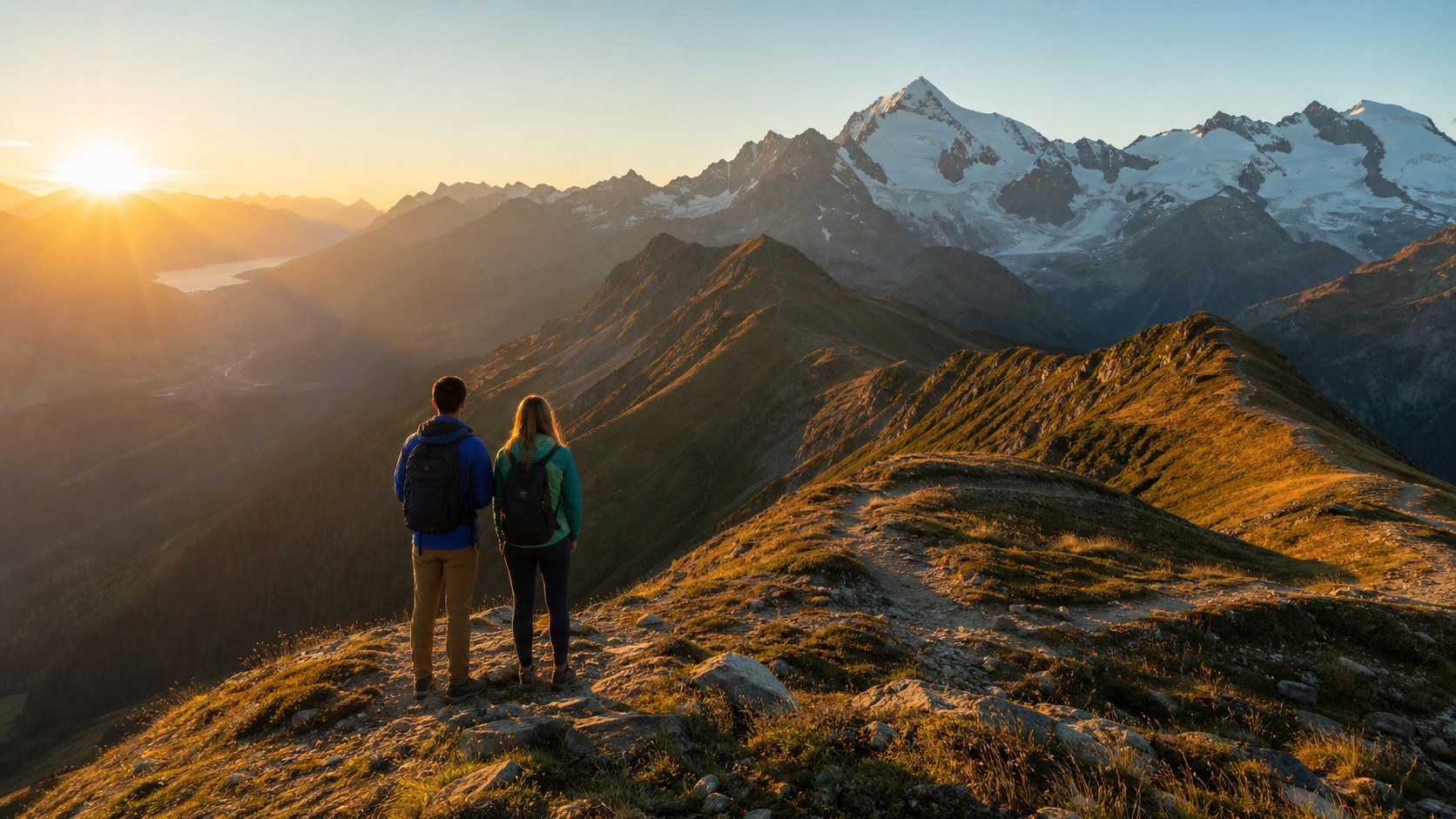 Travelers overlooking snowy mountains from a sunrise alpine ridge