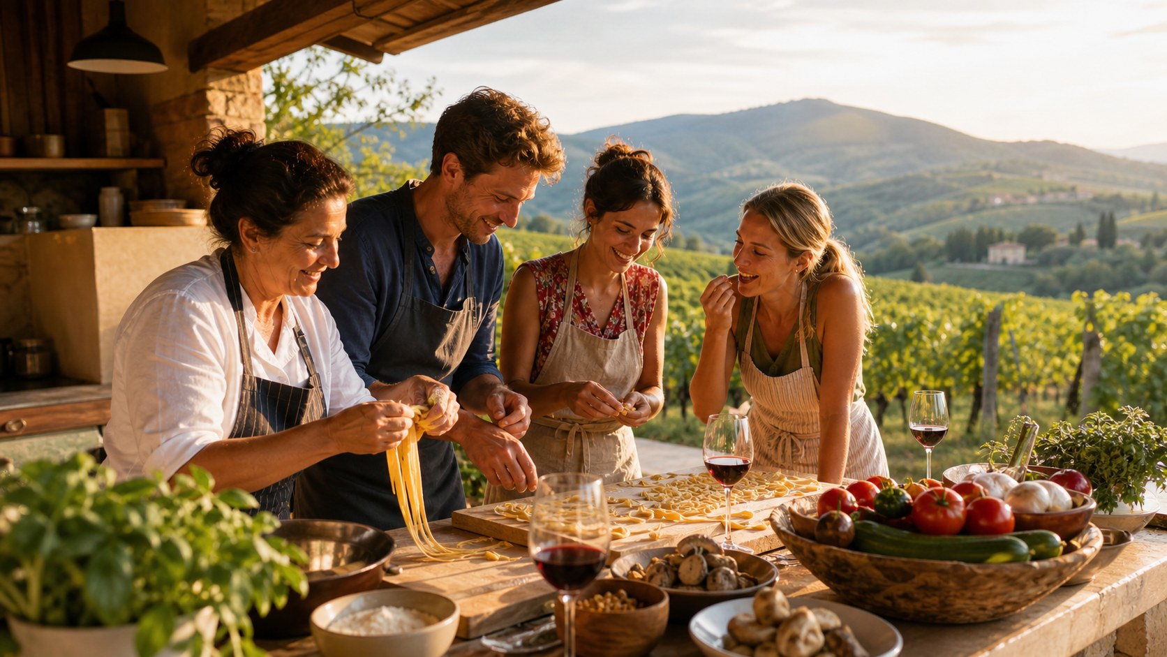 Travelers learning to make pasta in an open vineyard kitchen during golden afternoon light
