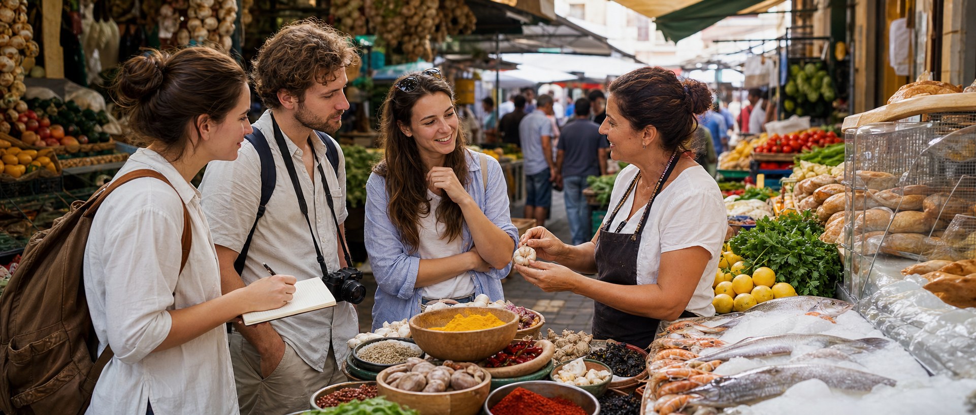 Local food guide explaining market ingredients to first-time food travelers
