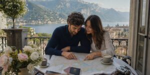 Couple planning romantic trips over a map on a balcony with a mountain lake view