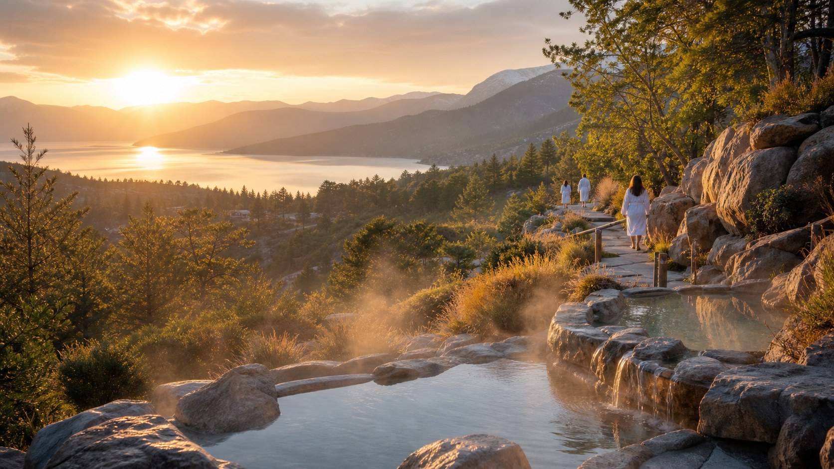Travelers in robes walking beside steaming hot spring pools above a sunrise lake and mountains