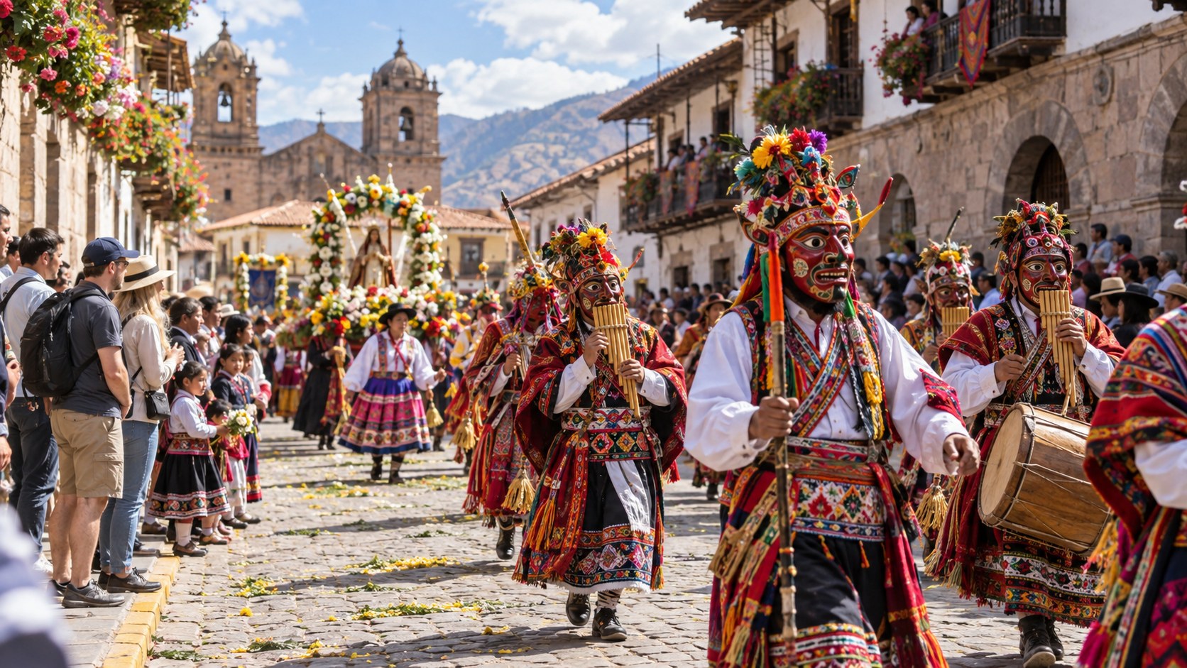 Travelers standing back as a colorful heritage procession moves through a historic town street