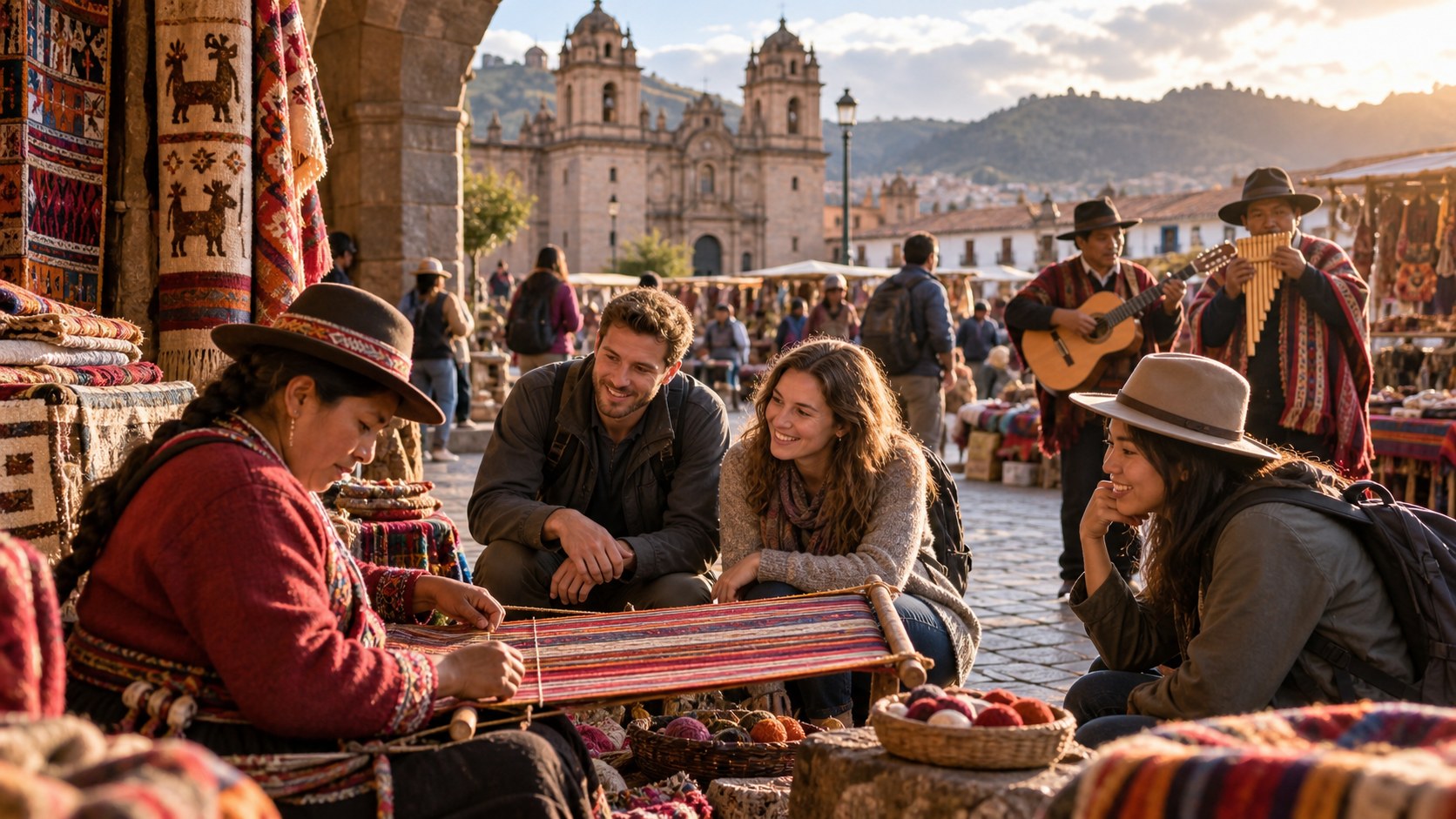 Travelers respectfully watching a textile artisan and musicians in a historic cultural square