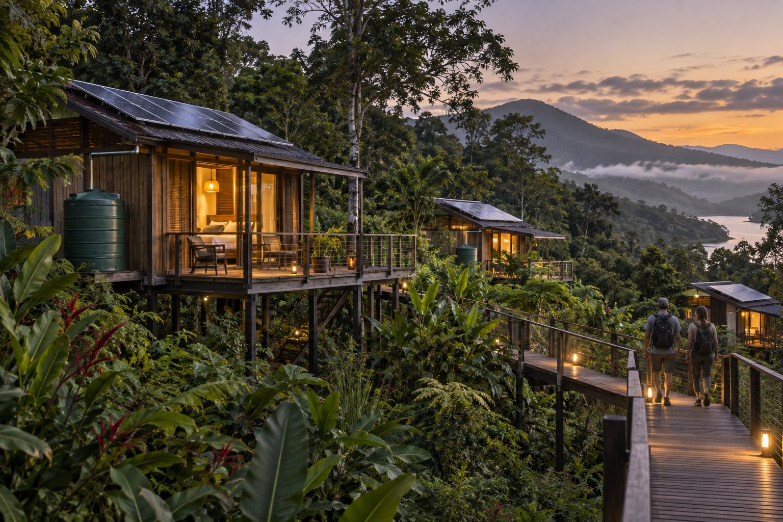 Solar-powered eco-lodge cabins on raised paths at the edge of rainforest at dusk