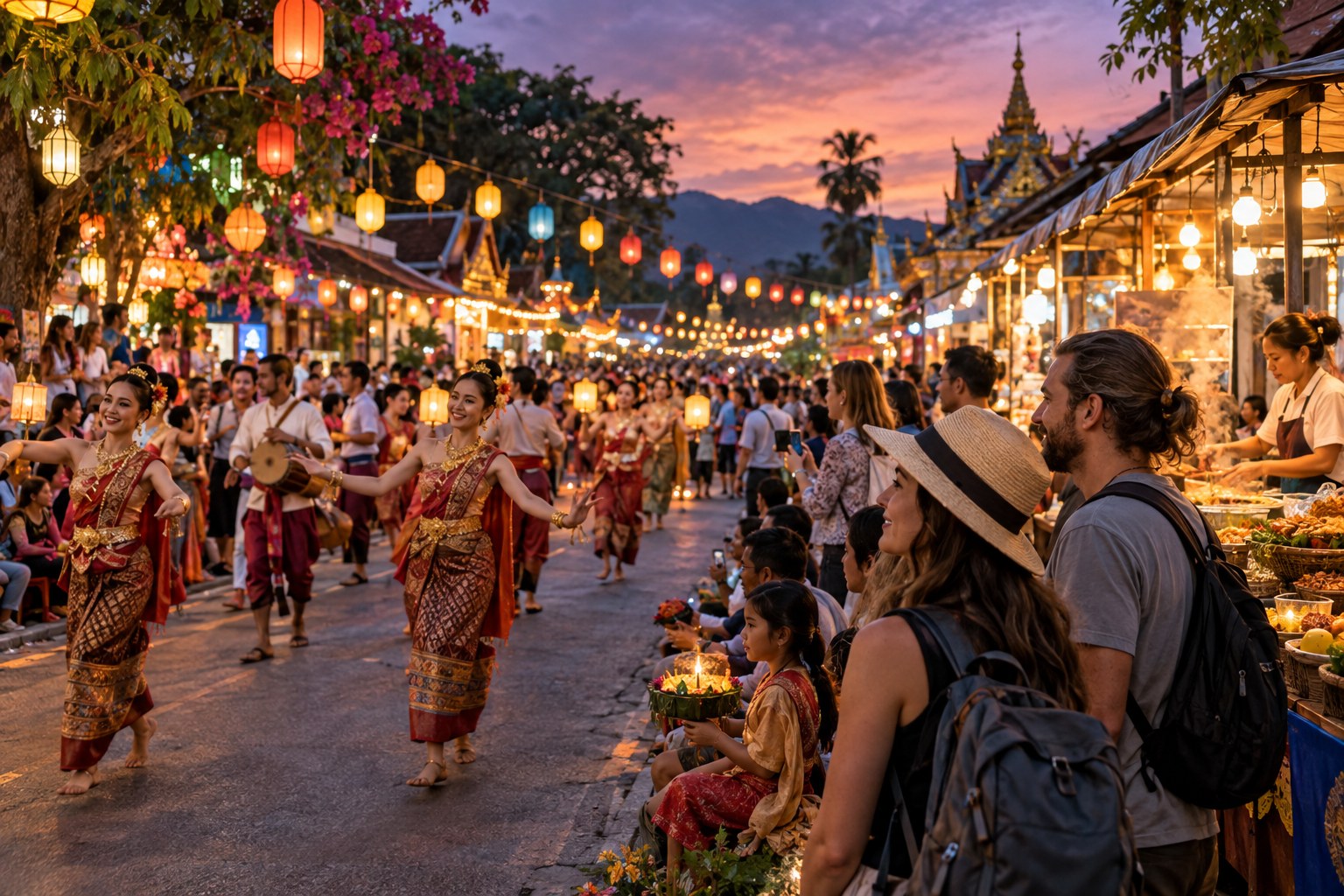 Travelers watching a lantern-lit festival street with dancers and food stalls at dusk