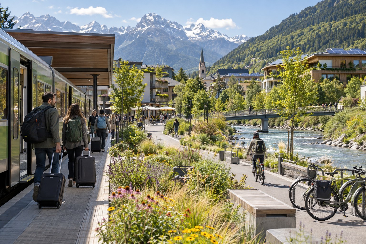 Travelers arriving by train in a green mountain town with bikes and native plantings