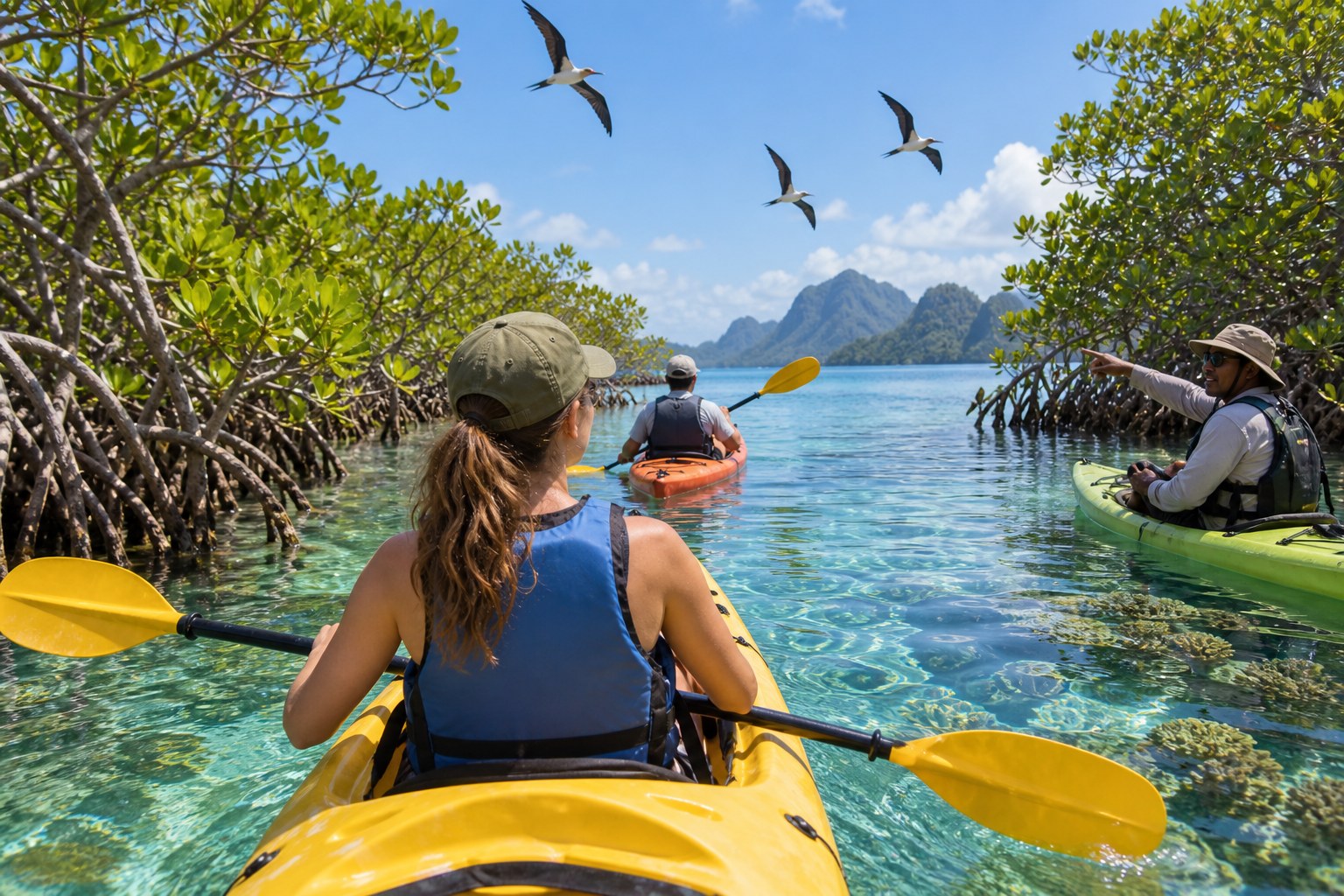 Travelers kayaking through clear coastal mangroves with a conservation guide