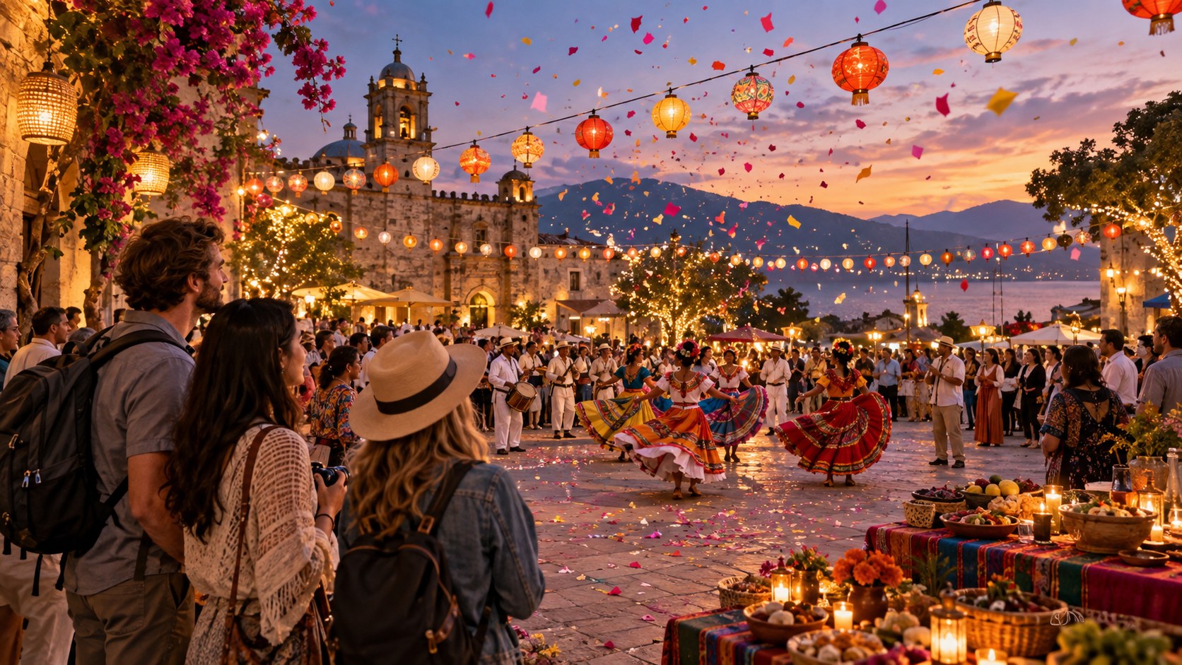 Travelers watching a twilight plaza festival with lanterns, dancers, confetti, and food tables