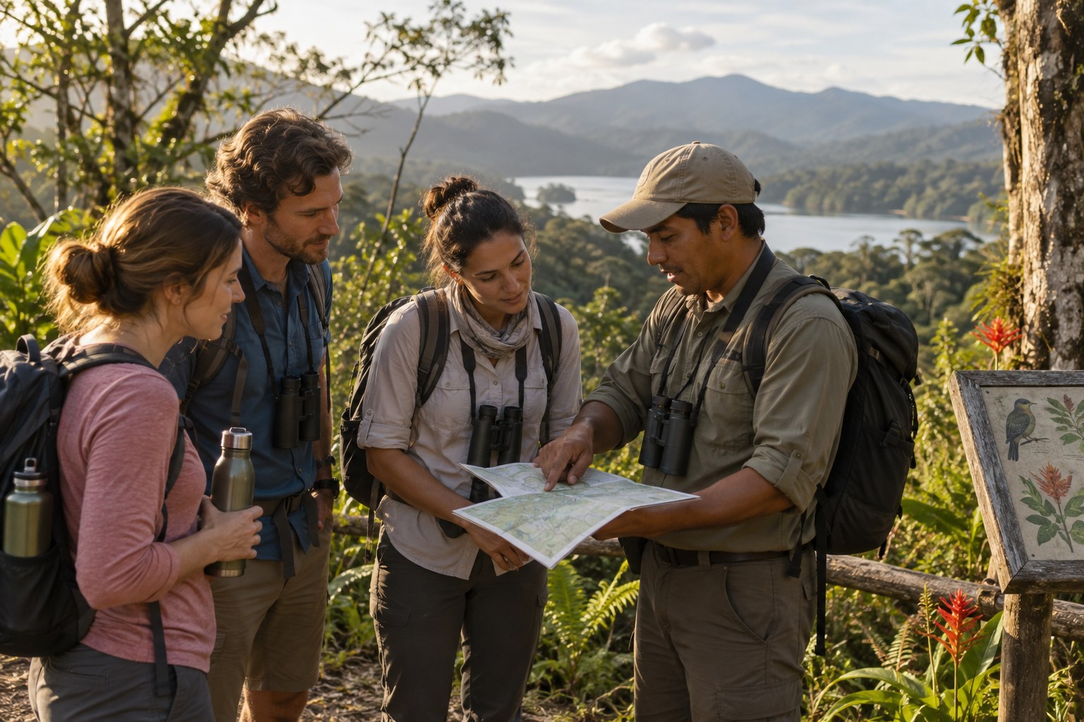 Travelers with a local naturalist reviewing a trail map beside a protected forest